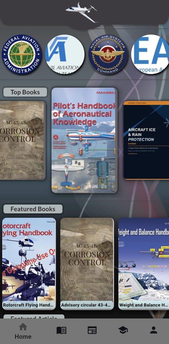 Aviprep app home screen showing FAA, EASA, and other publisher study materials and handbooks